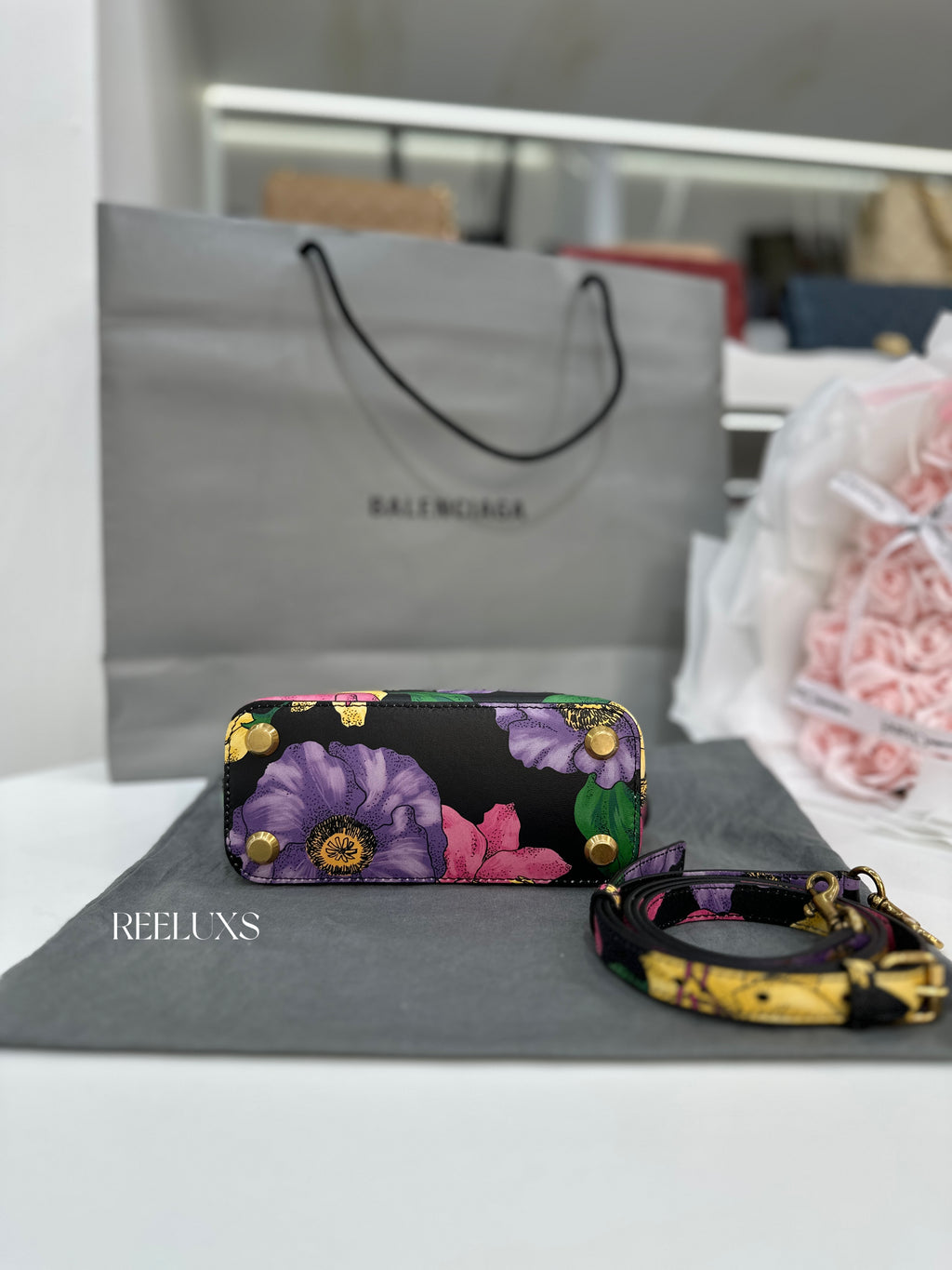Balenciaga Ville  Multi-Color Lush Floral Print Top Handle Bag