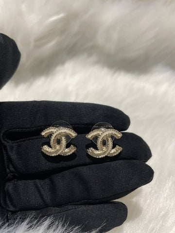 CHANEL Enamel CC Earrings Gold White