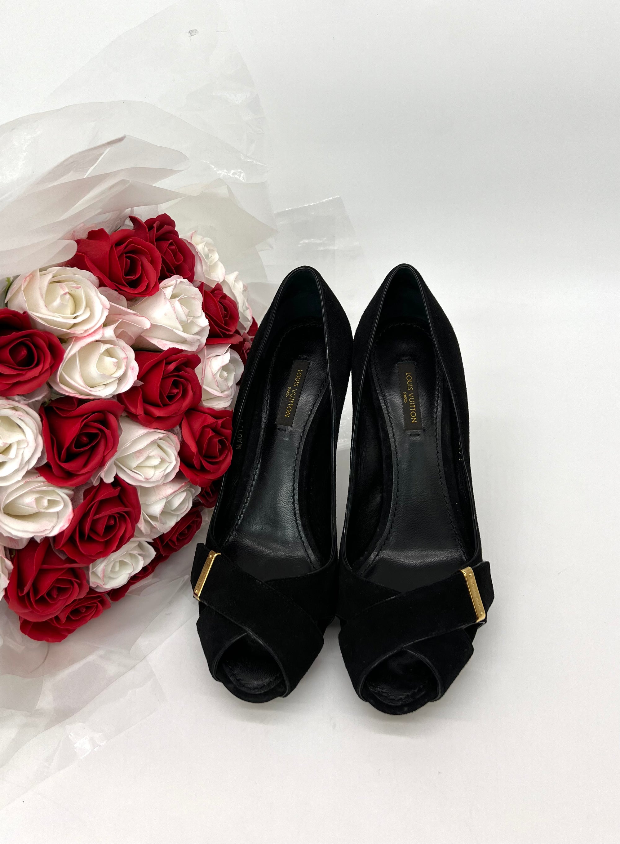 Louis Vuitton Black Nubuck Peep Toe Pumps Gold Logo Size 36 1/2 - Reeluxs 