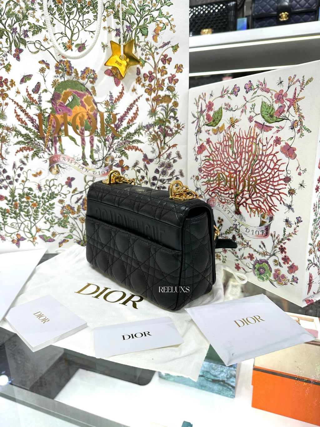 Christian Dior Black Supple Cannage Calfskin Caro Bag Full Set