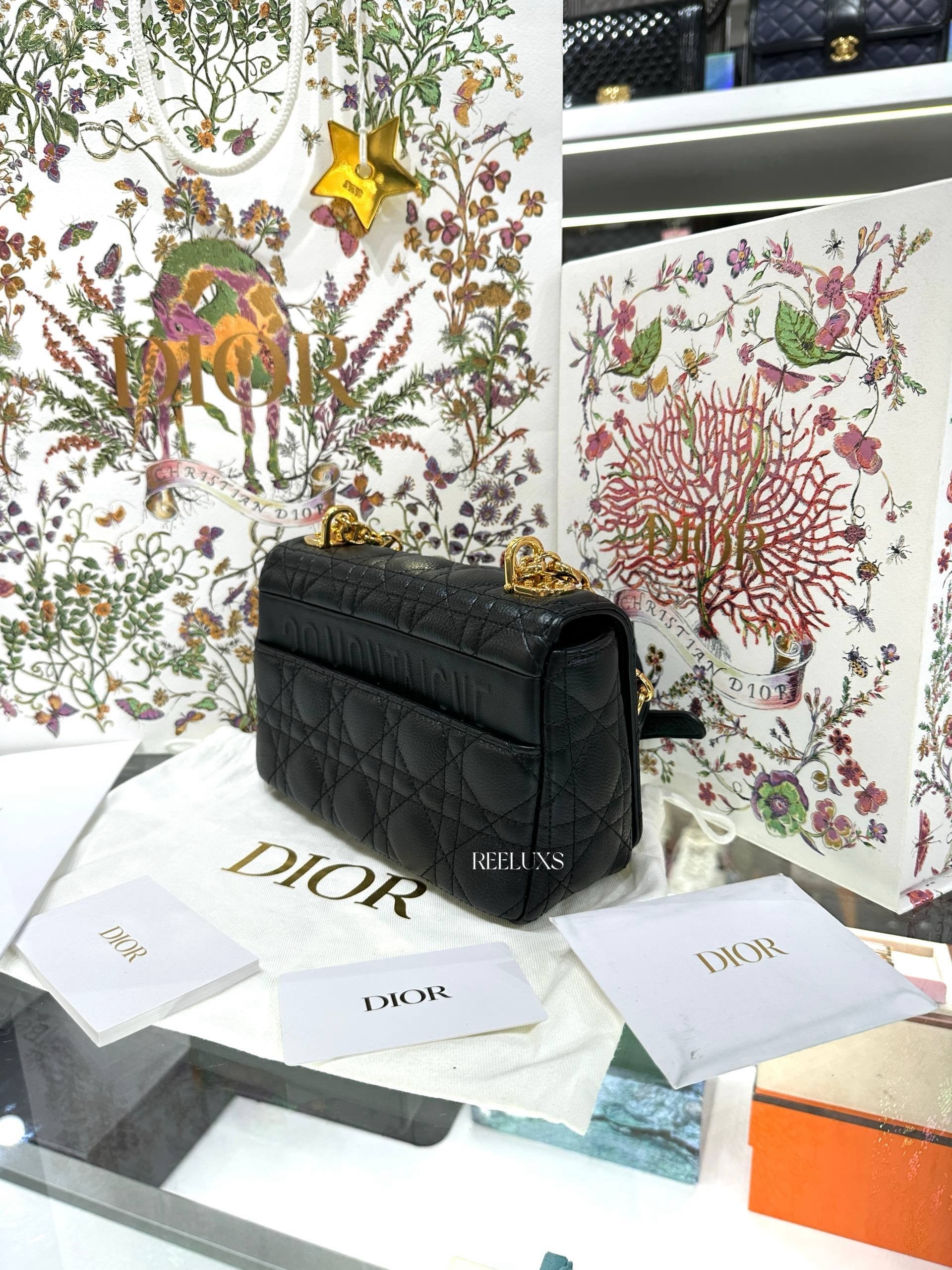 Christian Dior Black Supple Cannage Calfskin Caro Bag Full Set