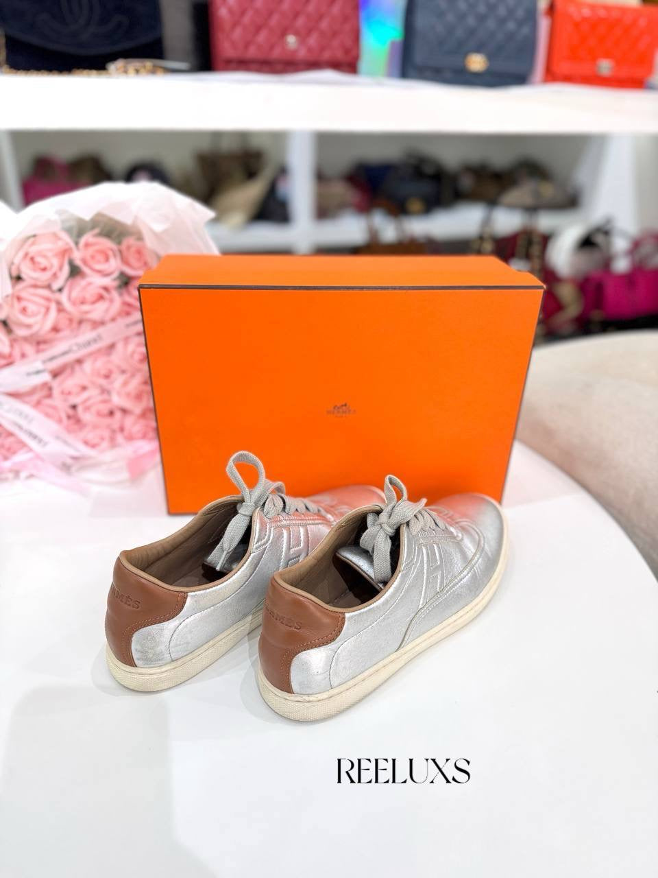 HERMES Quicker Metallic Silver Leather Sneakers