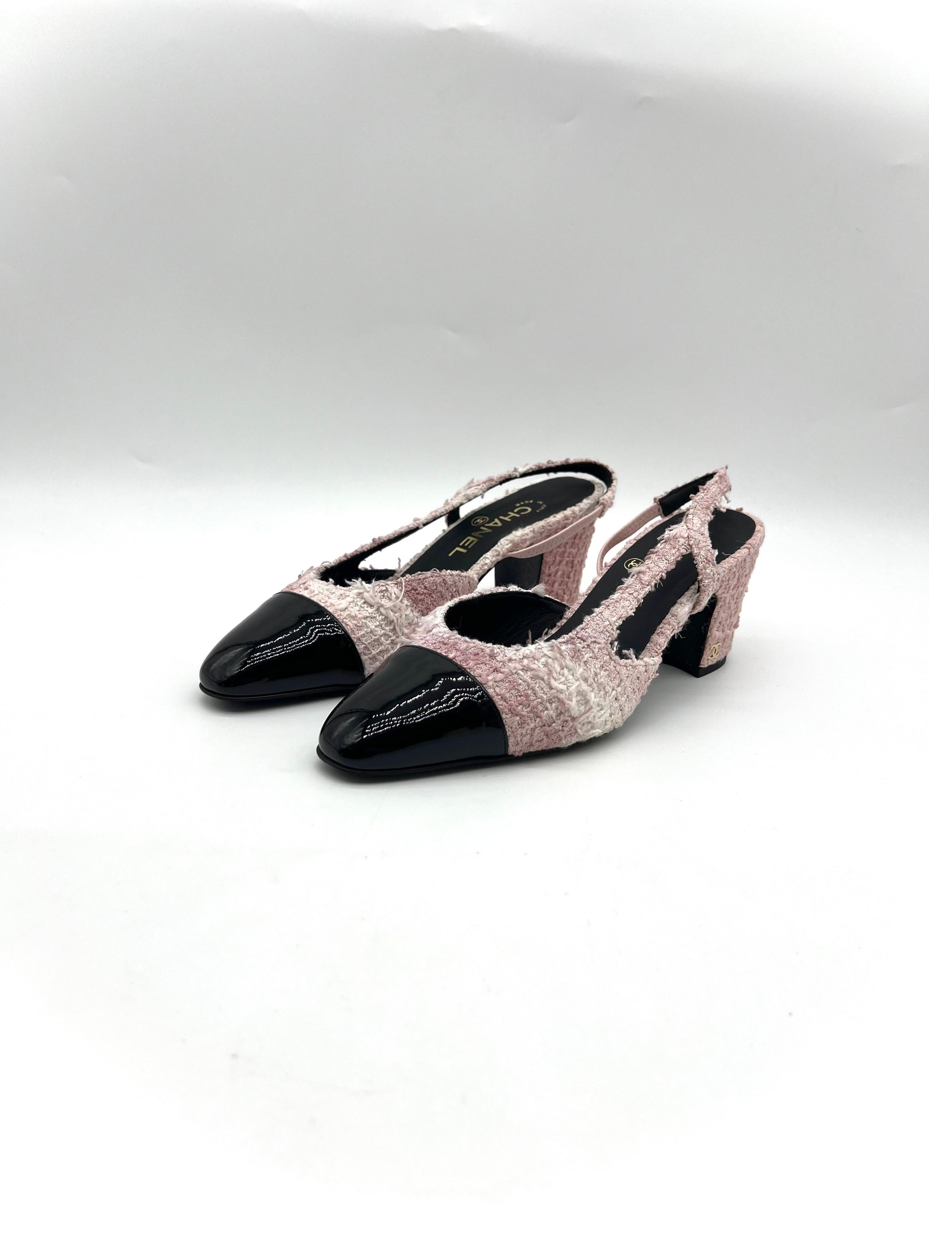 Tweed Grosgrain Cap Toe CC Slingback Pumps 37 Pink Black - Reeluxs 