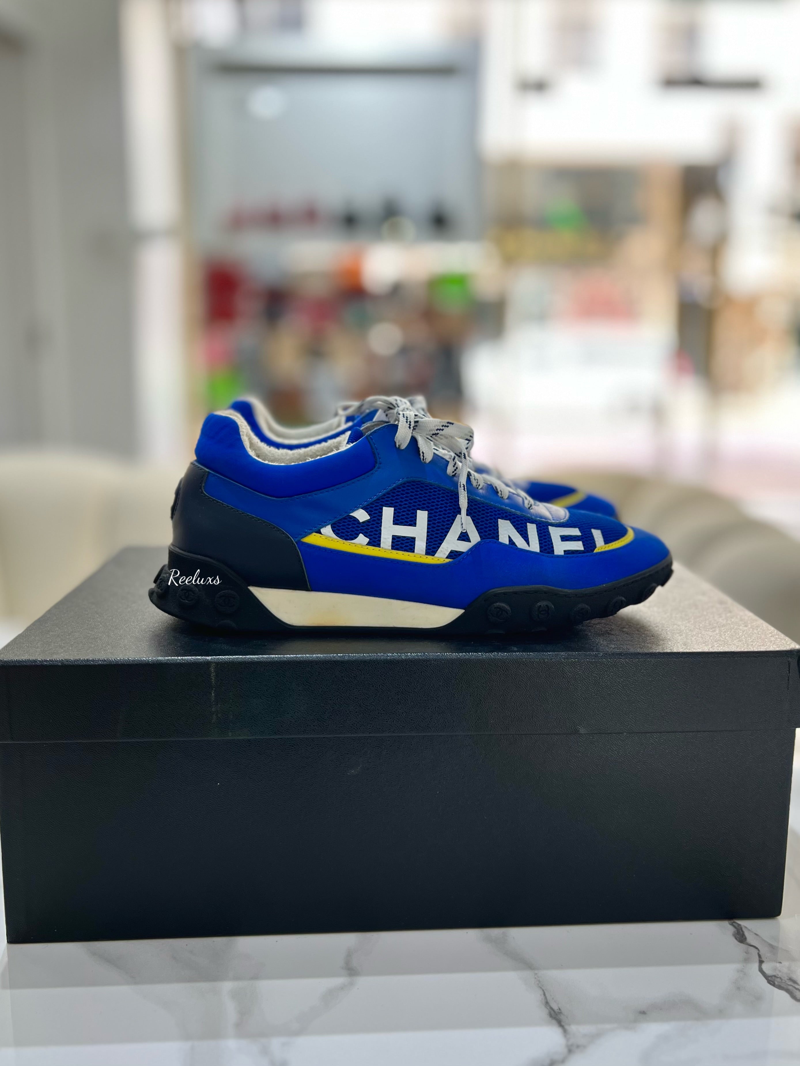 CHANEL Blue Mesh Leather And Nylon CC Low Top Sneakers Shoes For Unisex Size 41