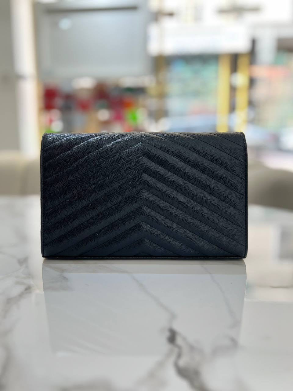 YVES SAINT LAURENT YSL Cassandre Matelasse Envelope SHW Wallet On Chain WOC In Black