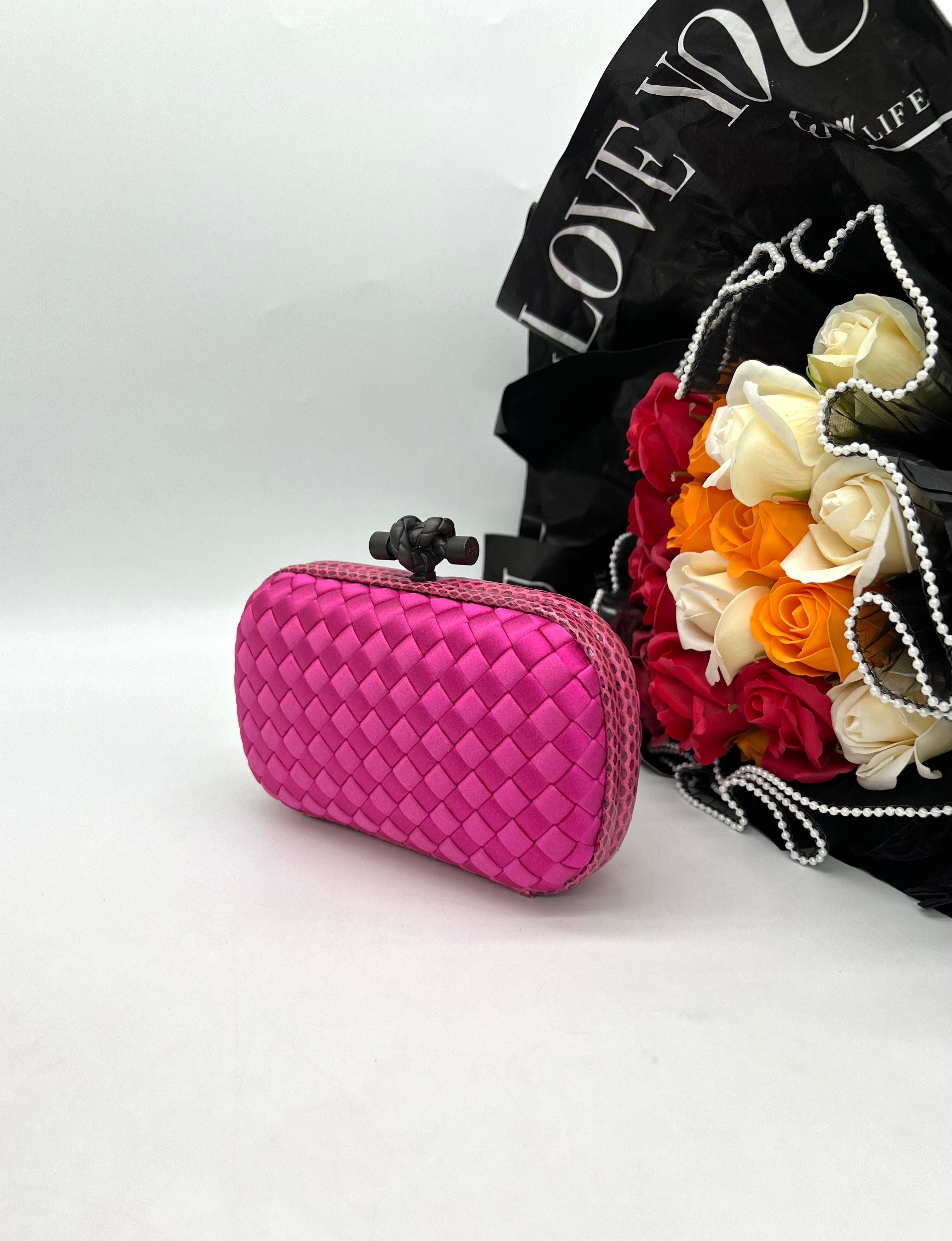 BOTTEGA VENETA Intrecciato Knot Clutch in Fuchsia Silk - Reeluxs 