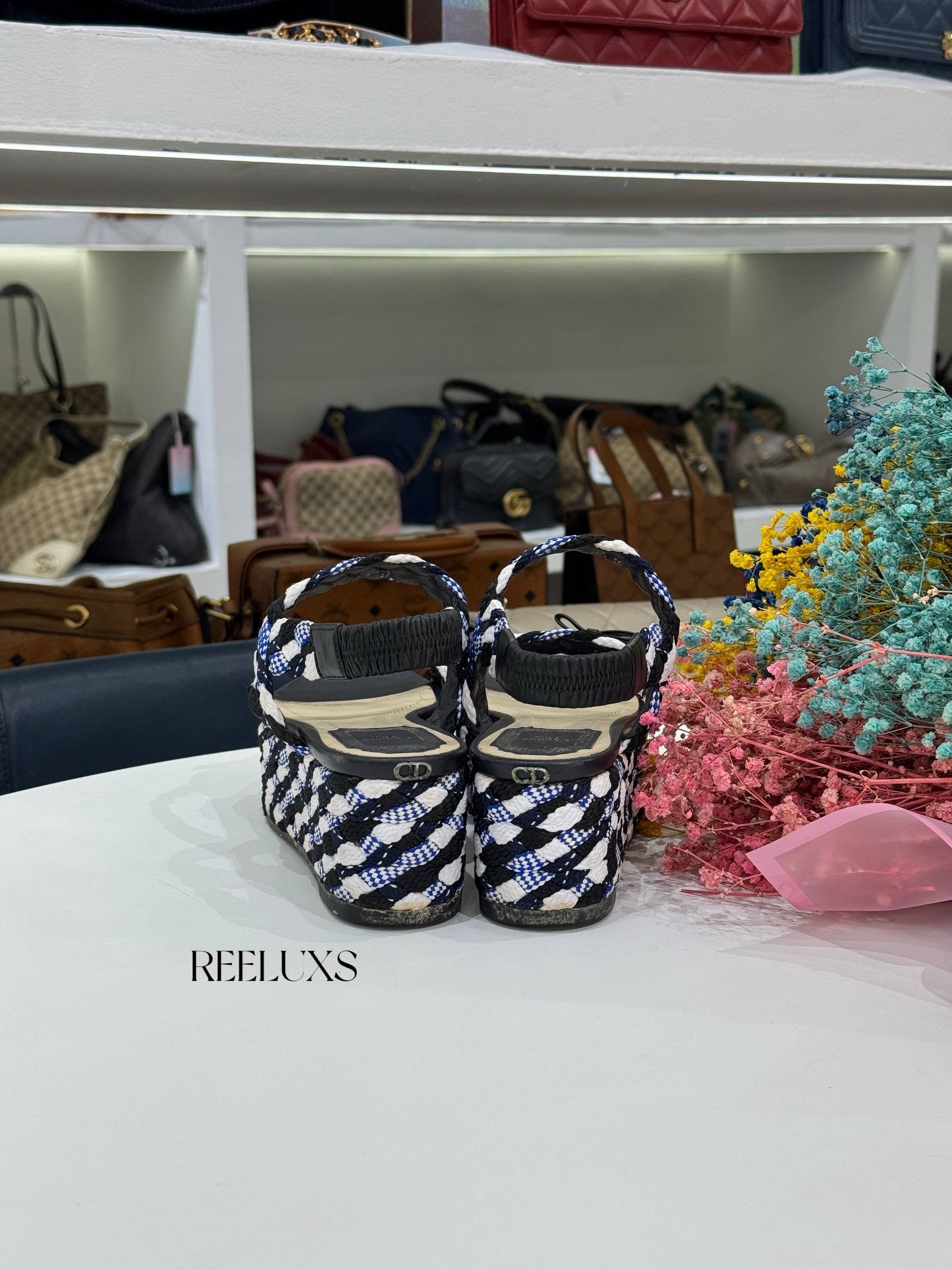 CHRISTIAN DIOR Dior Tri-Color Braided Fabric and Leather Open Toe Wedge Sandals