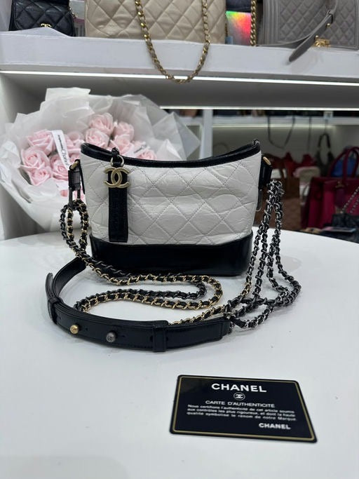 Full Set CHANEL Small Gabrielle Hobo Quilted Calfskin Black White Bag