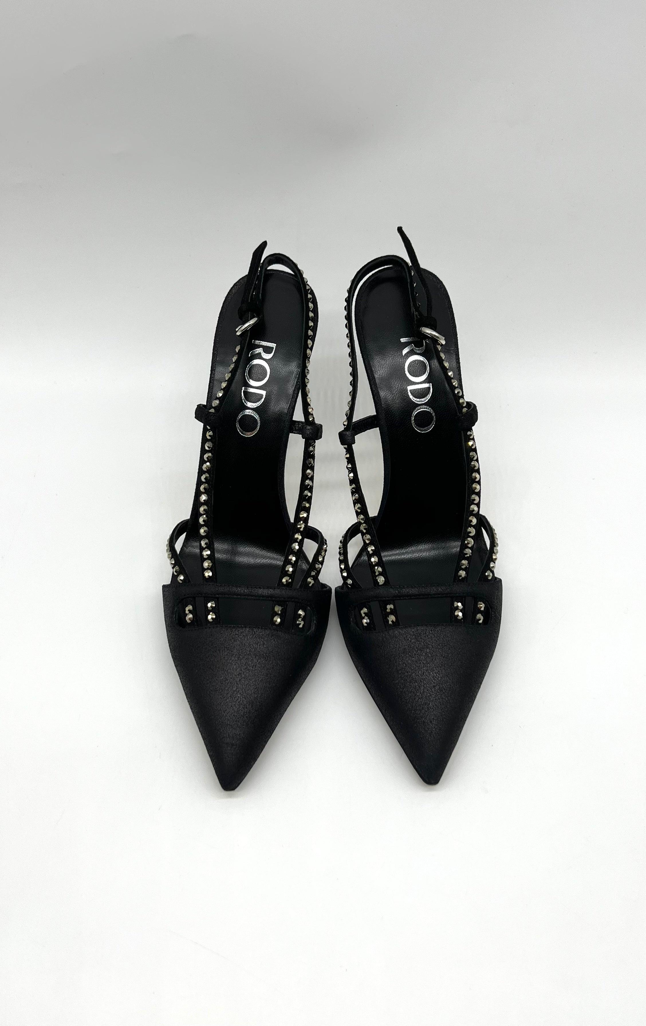 RODO Black Satin Sling Back Kitten Heels - Reeluxs 