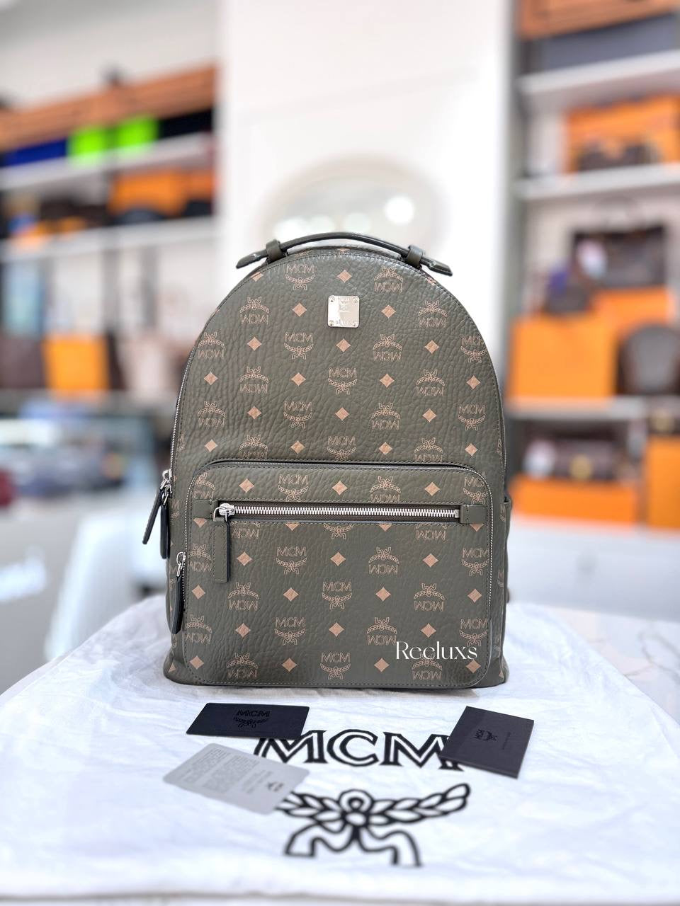 MCM Stark Visetos Backpack In Moss Green Color