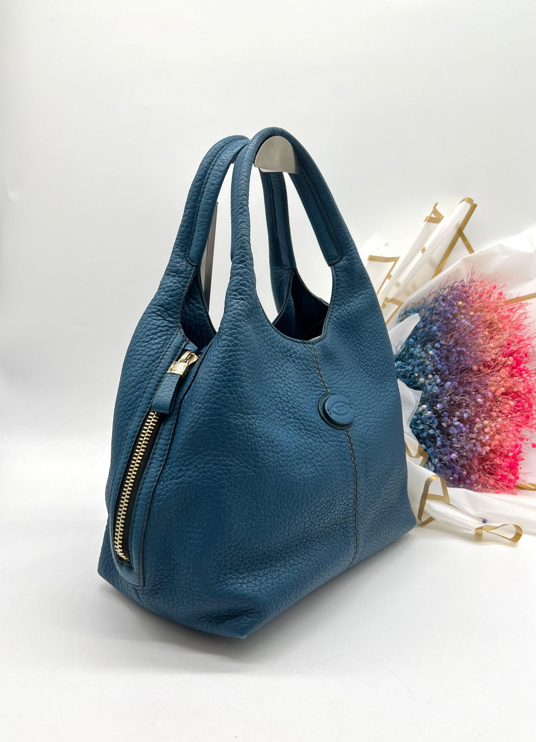 Tod's Teal Blue Pebbled Leather Zip Tote - Reeluxs 