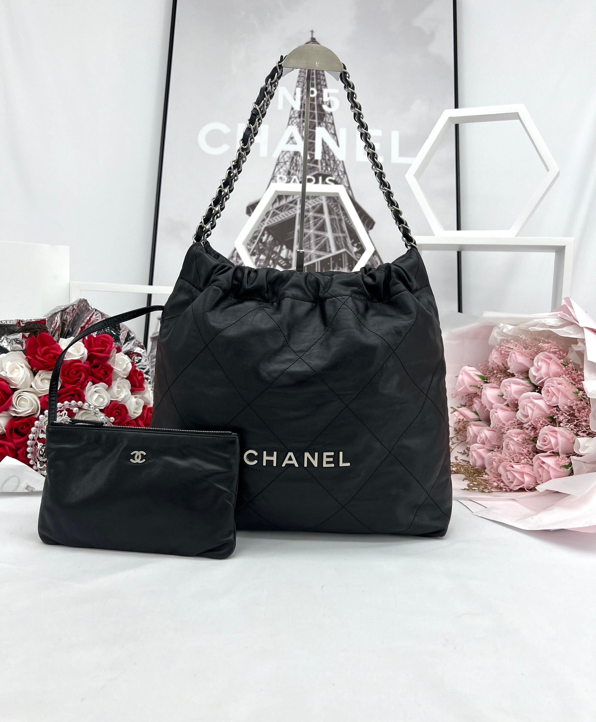 CHANEL Shiny Calfskin Quilted Chanel 22 Black - Reeluxs 