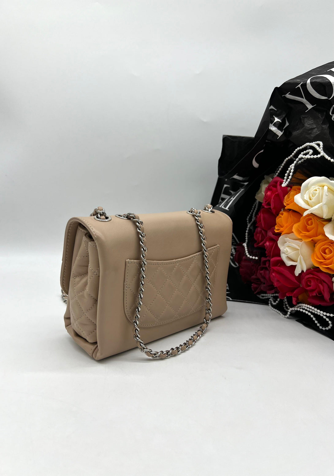 CHANEL Calfskin Small Tramezzo Flap Beige For Lady Sling Bag - Reeluxs 