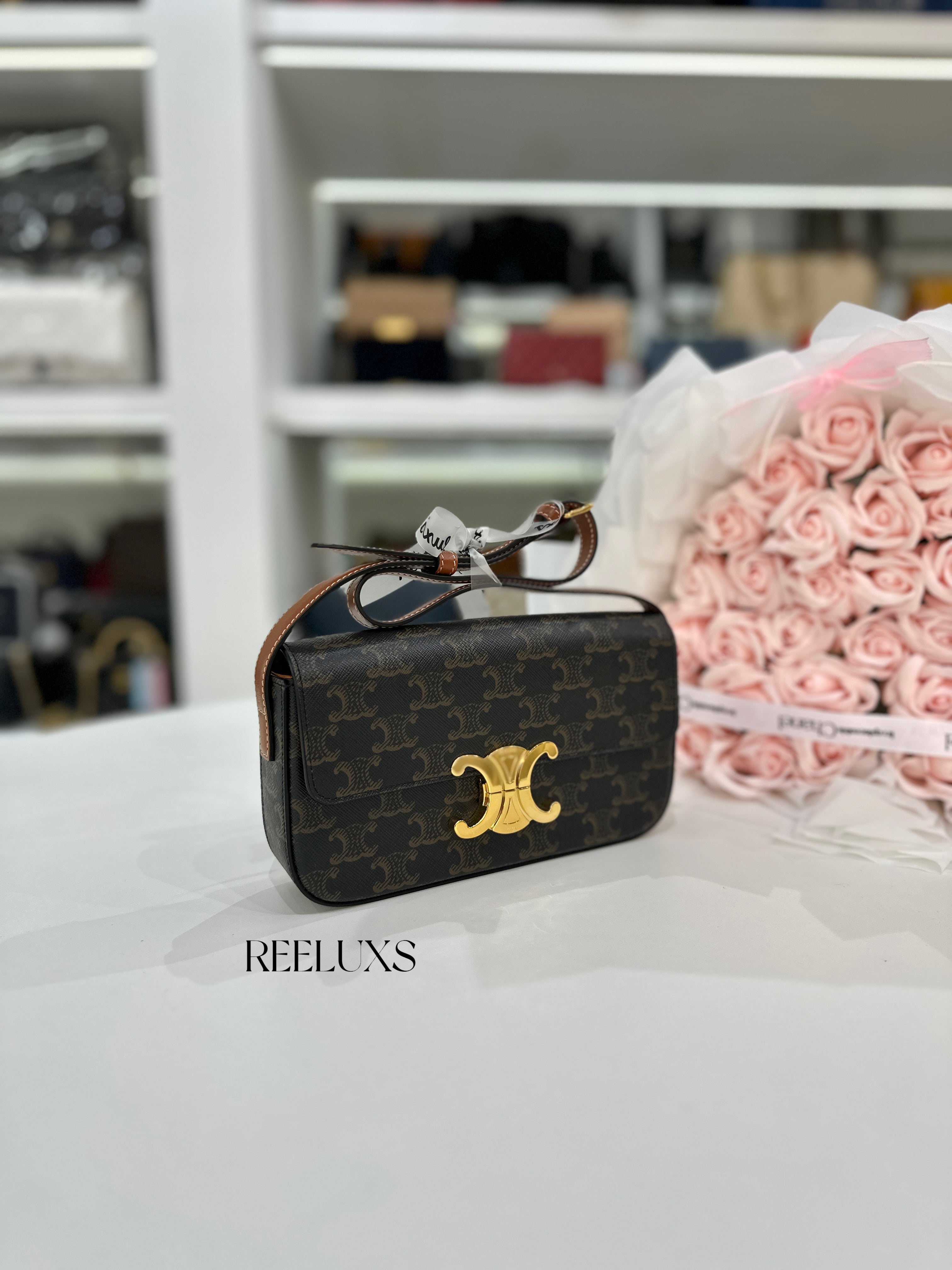 CELINE Claude Shoulder Bag in Triomphe Canvas and Calfskin