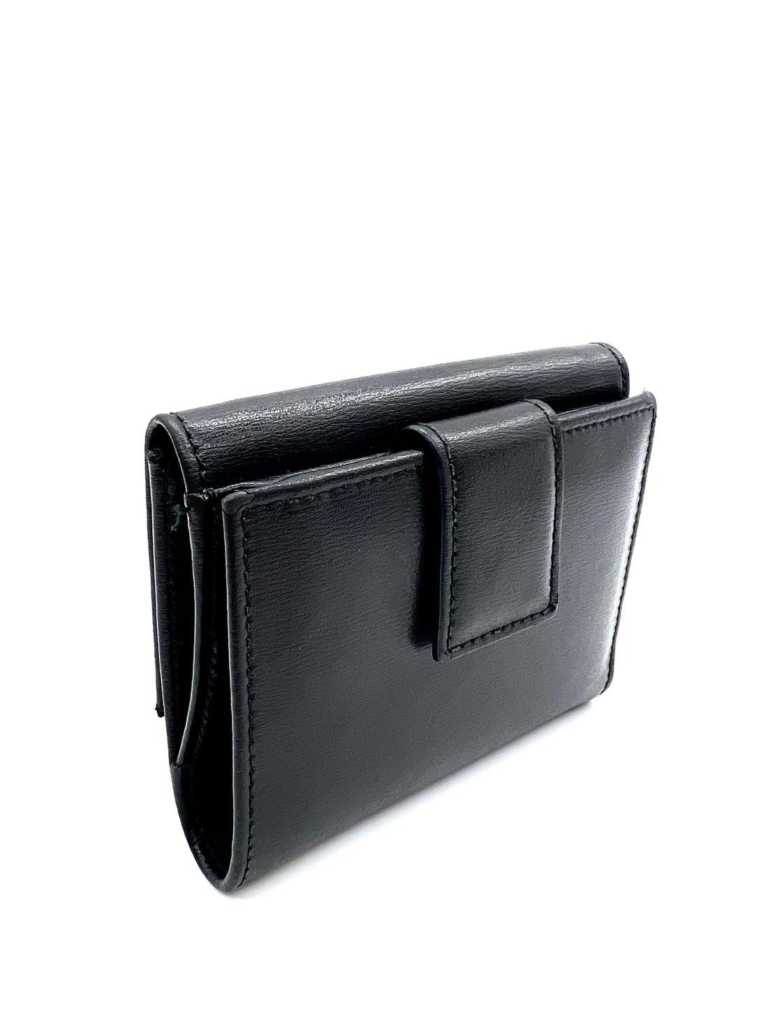 Salvatore Ferragamo Black Gancio Embossed Leather Flap Compact Wallet - Reeluxs 