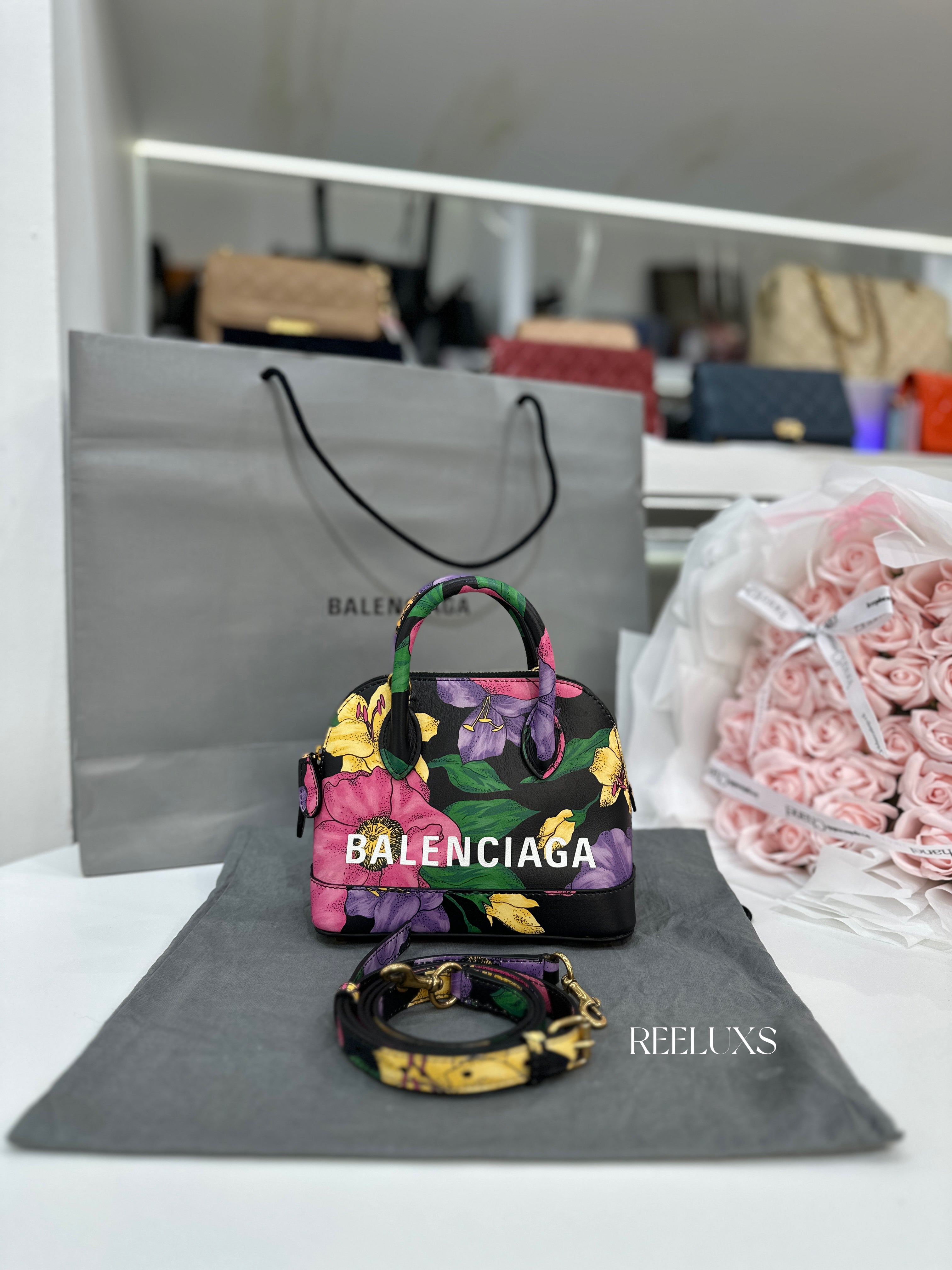 Balenciaga Ville  Multi-Color Lush Floral Print Top Handle Bag