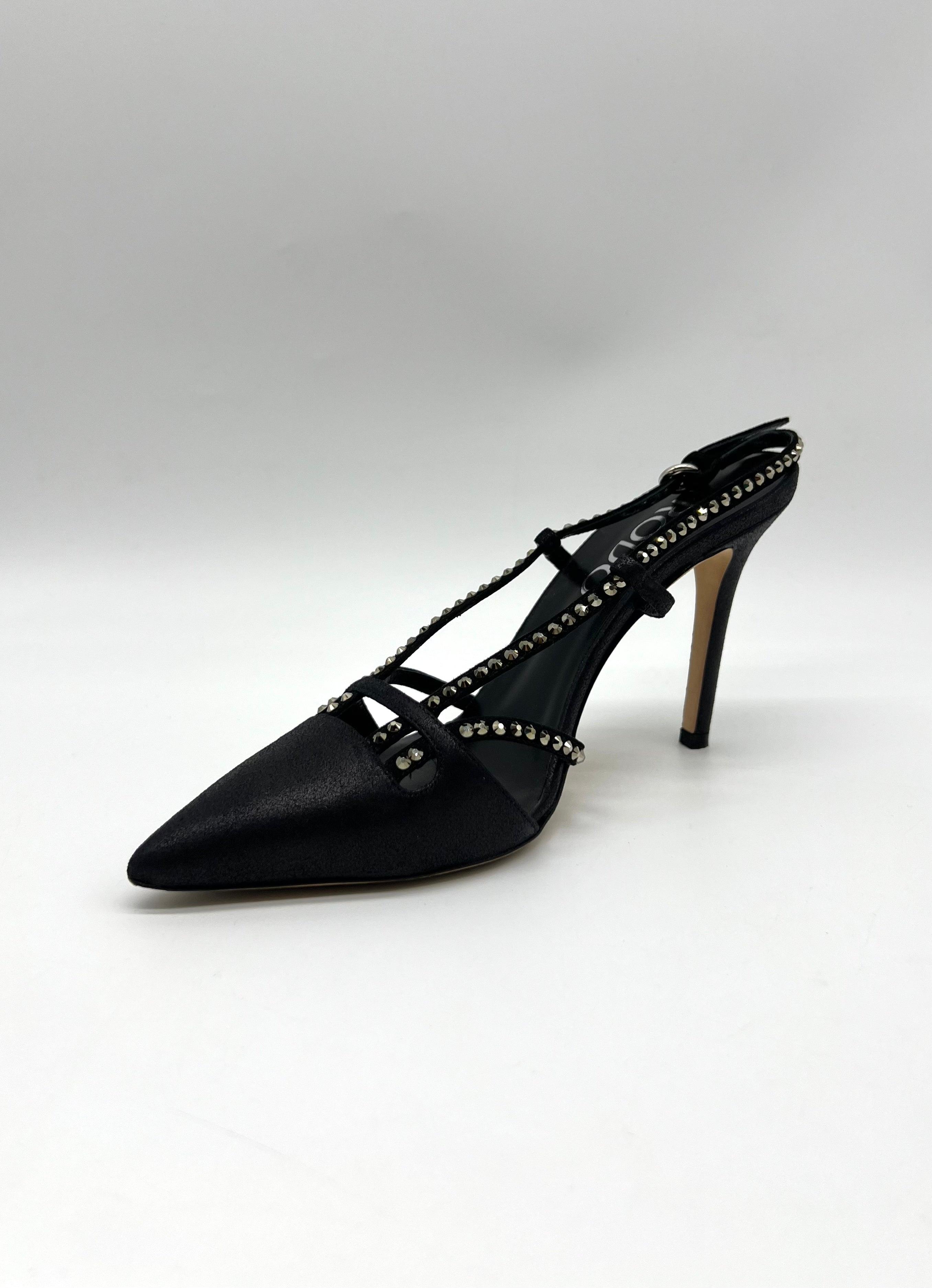 RODO Black Satin Sling Back Kitten Heels - Reeluxs 