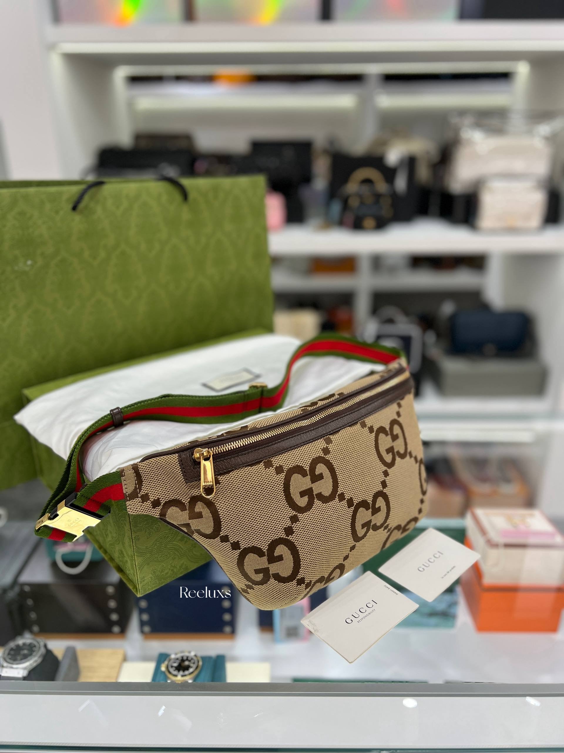 Full Set GUCCI Jumbo GG Belt Bag in Camel and Ebony Canvas