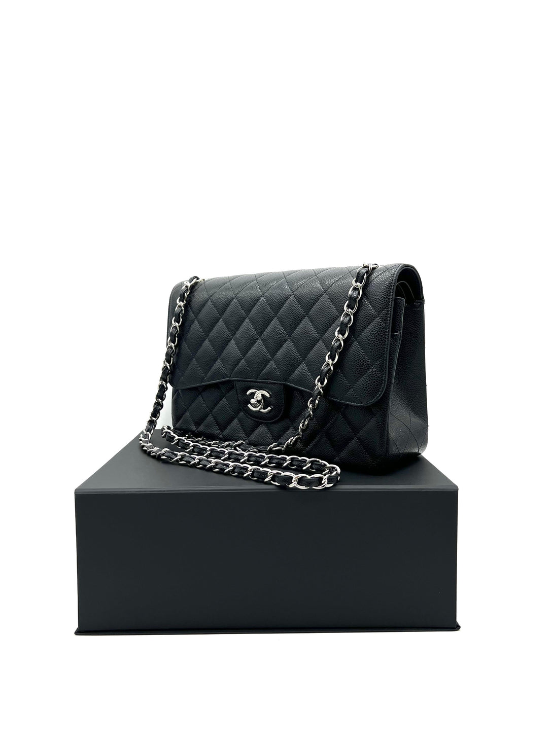 CHANEL Black Quilted Caviar Leather Jumbo Classic Double Flap For Women Shoulder Bag - Reeluxs 