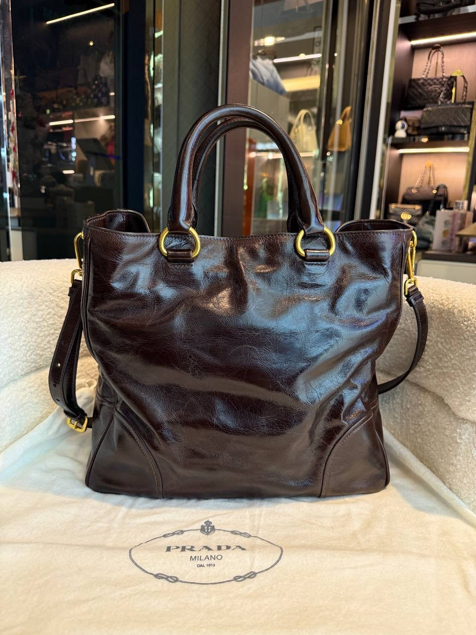 Prada Vitello Shine Tote Bag Brown Leather