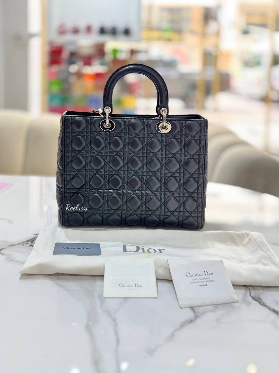CHRISTIAN DIOR  Black Cannage Lamskin Large Lady Dior Handbag / Shoulder Bag