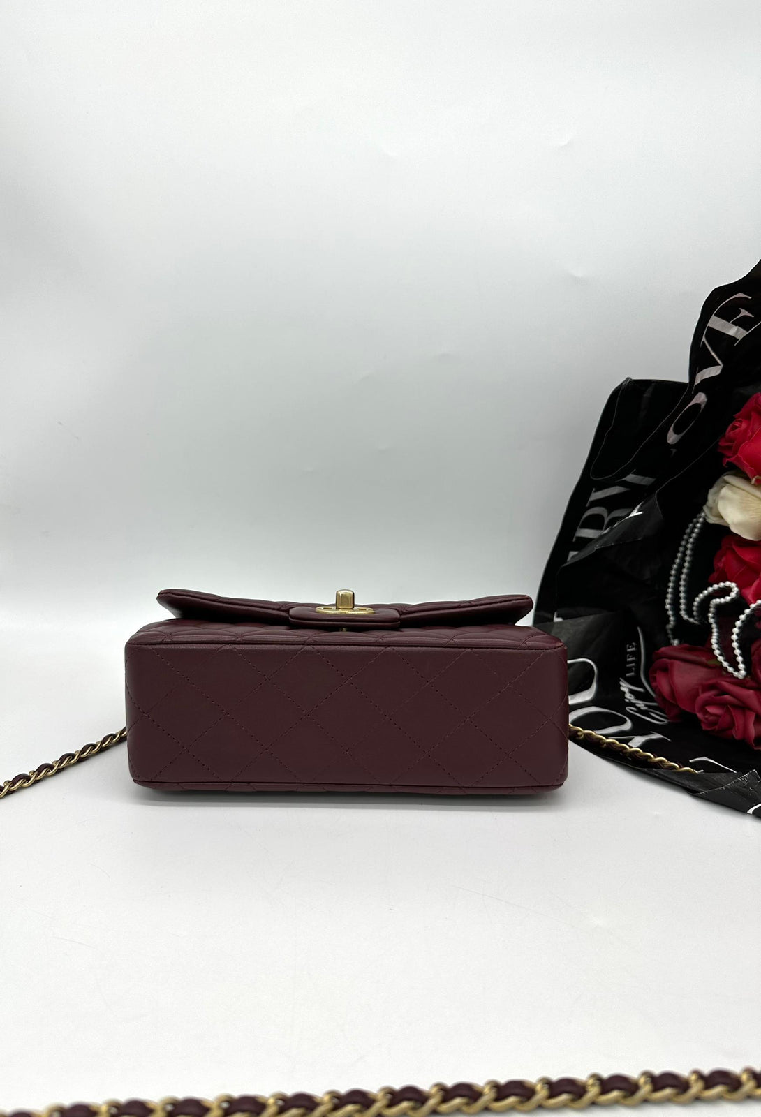 As New Microchip CHANEL Lambskin QuiltedMini Top Handle Rectangular Flap Burgundy For Women's Sling Bag - Reeluxs 