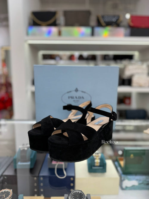 PRADA Crossover-Strap Suede Platform Sandals