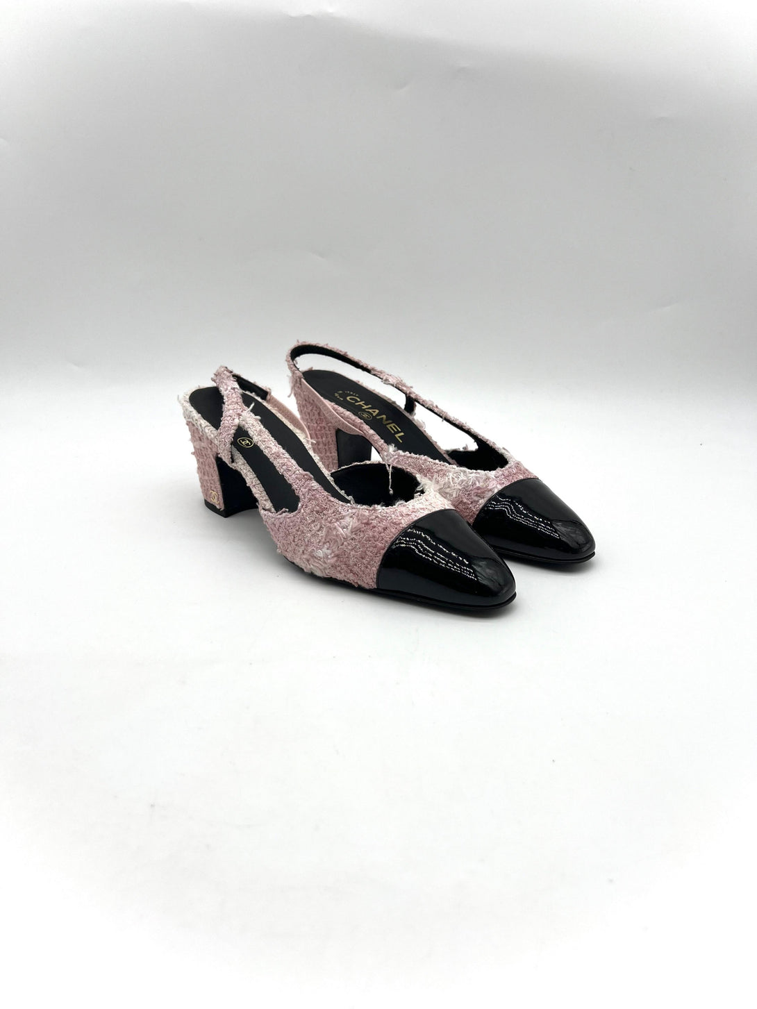 Tweed Grosgrain Cap Toe CC Slingback Pumps 37 Pink Black - Reeluxs 