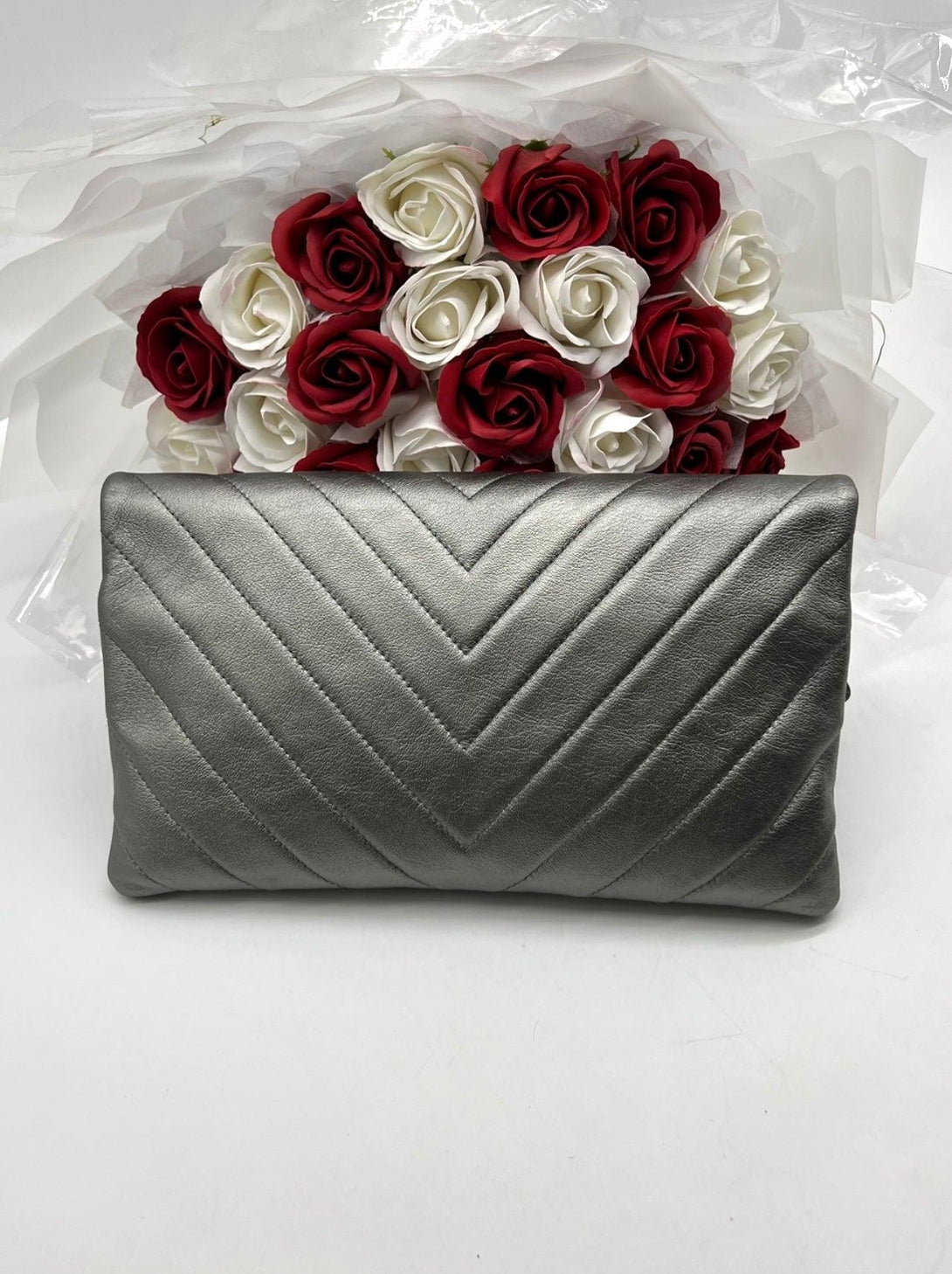 CHANEL CC Silver Metallic Flap Clutch - Reeluxs 