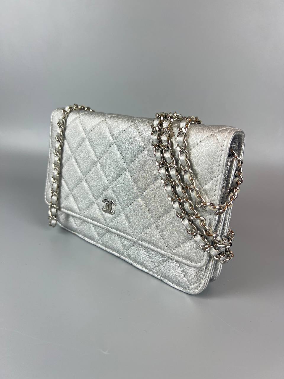 CHANEL Silver Quilted Caviar Wallet On Chain