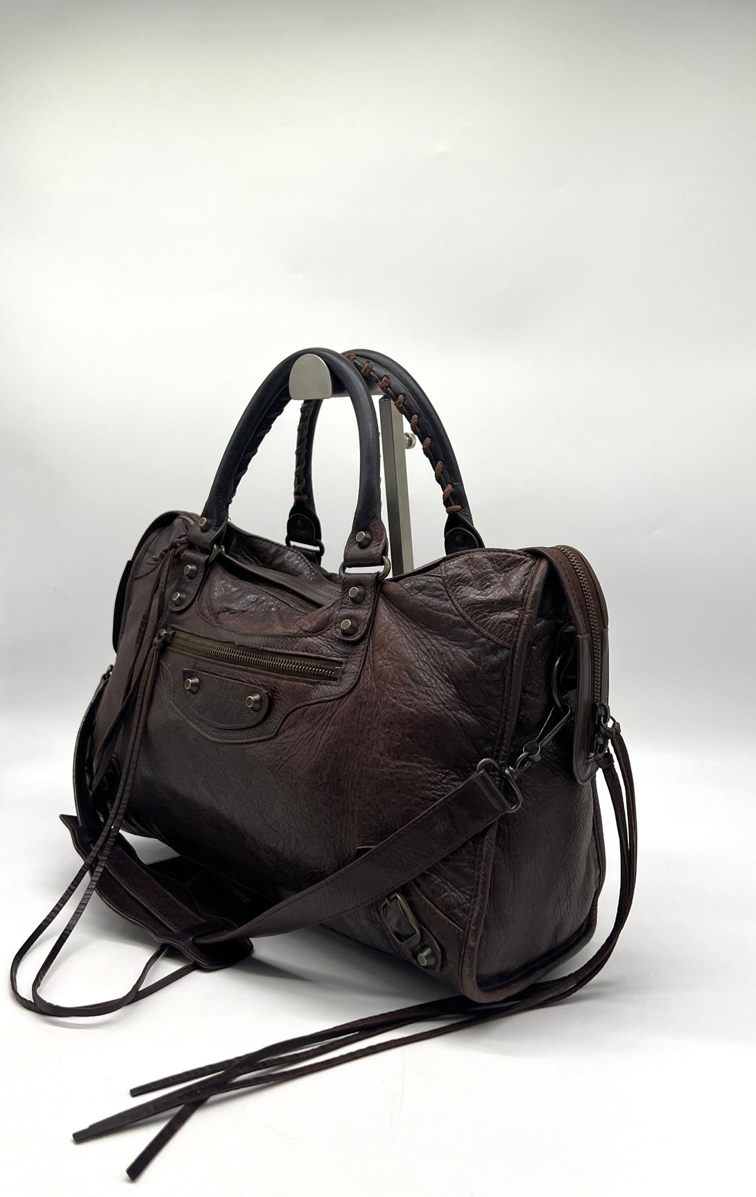 Auth BALENCIAGA Handbag Tote Bag Dark Brown Lamb leather - Reeluxs 