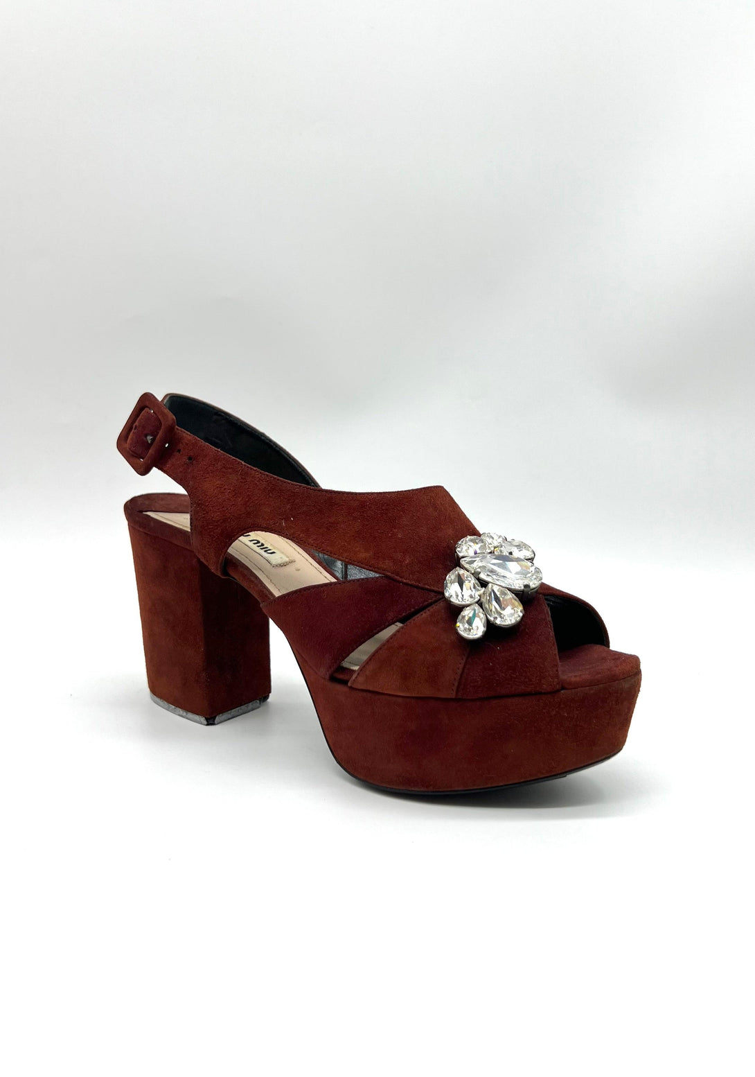 MIU MIU Burgundy Suede Crystal Embellished Platform Block Heel Sandals - Reeluxs 