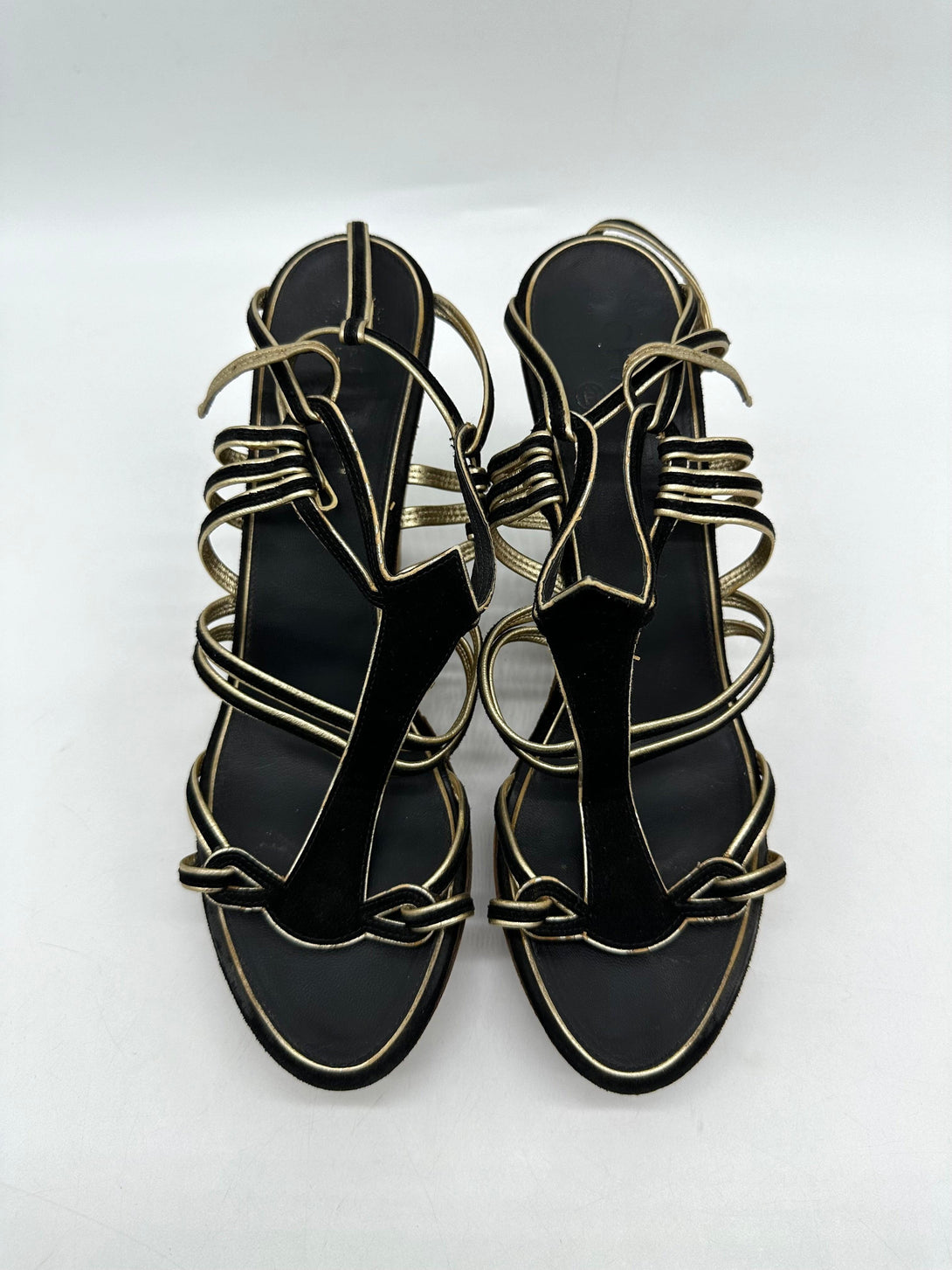 CHANEL Black/Gold Suede and Leather Wedge Sandals Size 39 - Reeluxs 