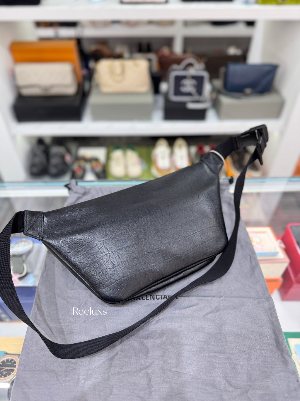 BALENCIAGA Everyday Belt Bag in Crocodile-Embossed Leather