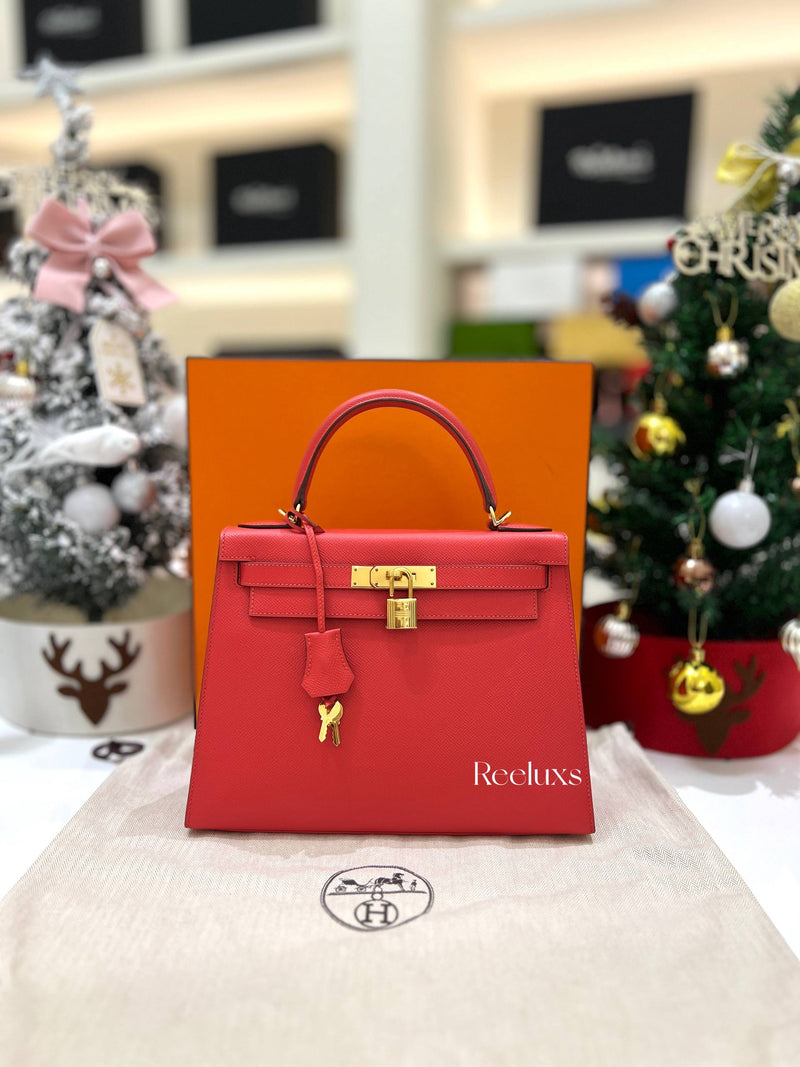 FullSet HERMES Kelly 28 Sellier Rouge Casaque Epsom Gold Hardware Handbag