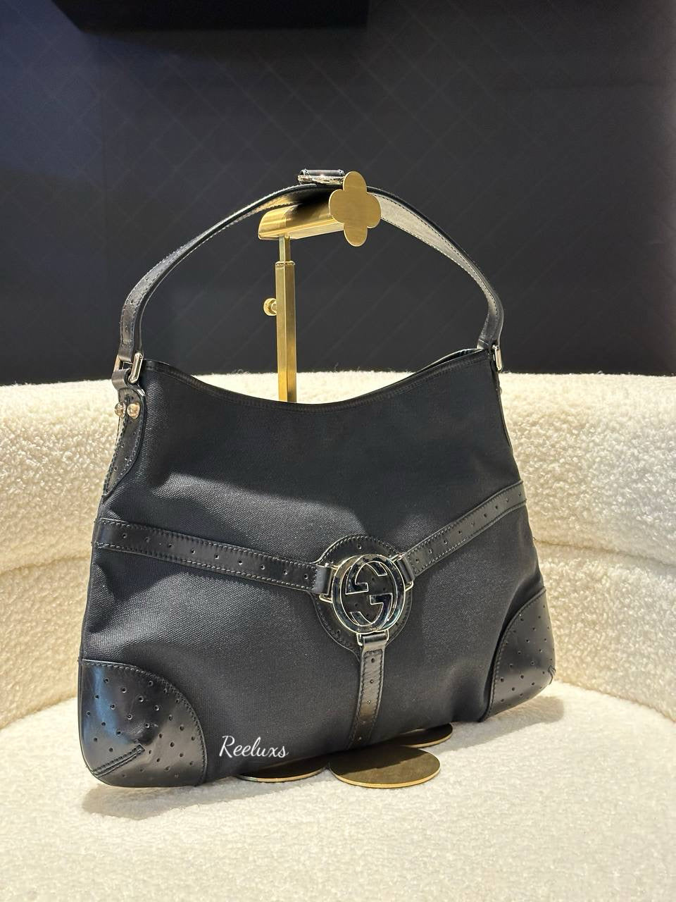 GUCCI  Black Canvas Reins Shoulder Bag