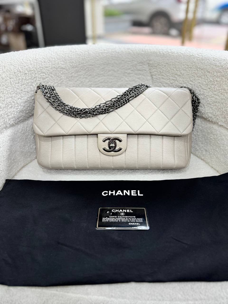 CHANEL Light Beige Grey Calfskin Single Flap Silver Hardware Shoulder Bag