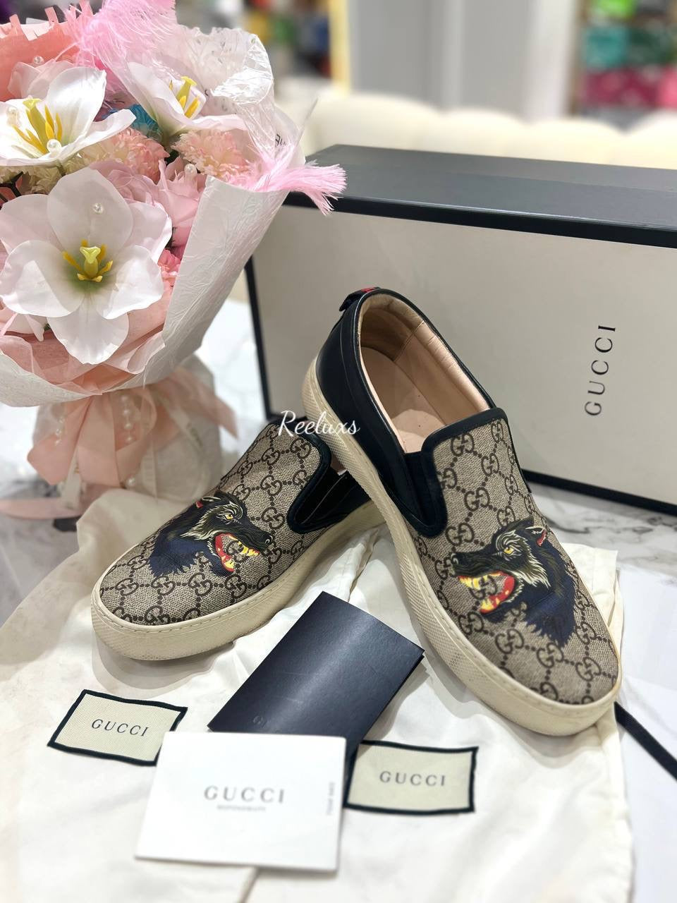 GUCCI Superme Wolf Slip - On Sneakers Black / Brown Canvas