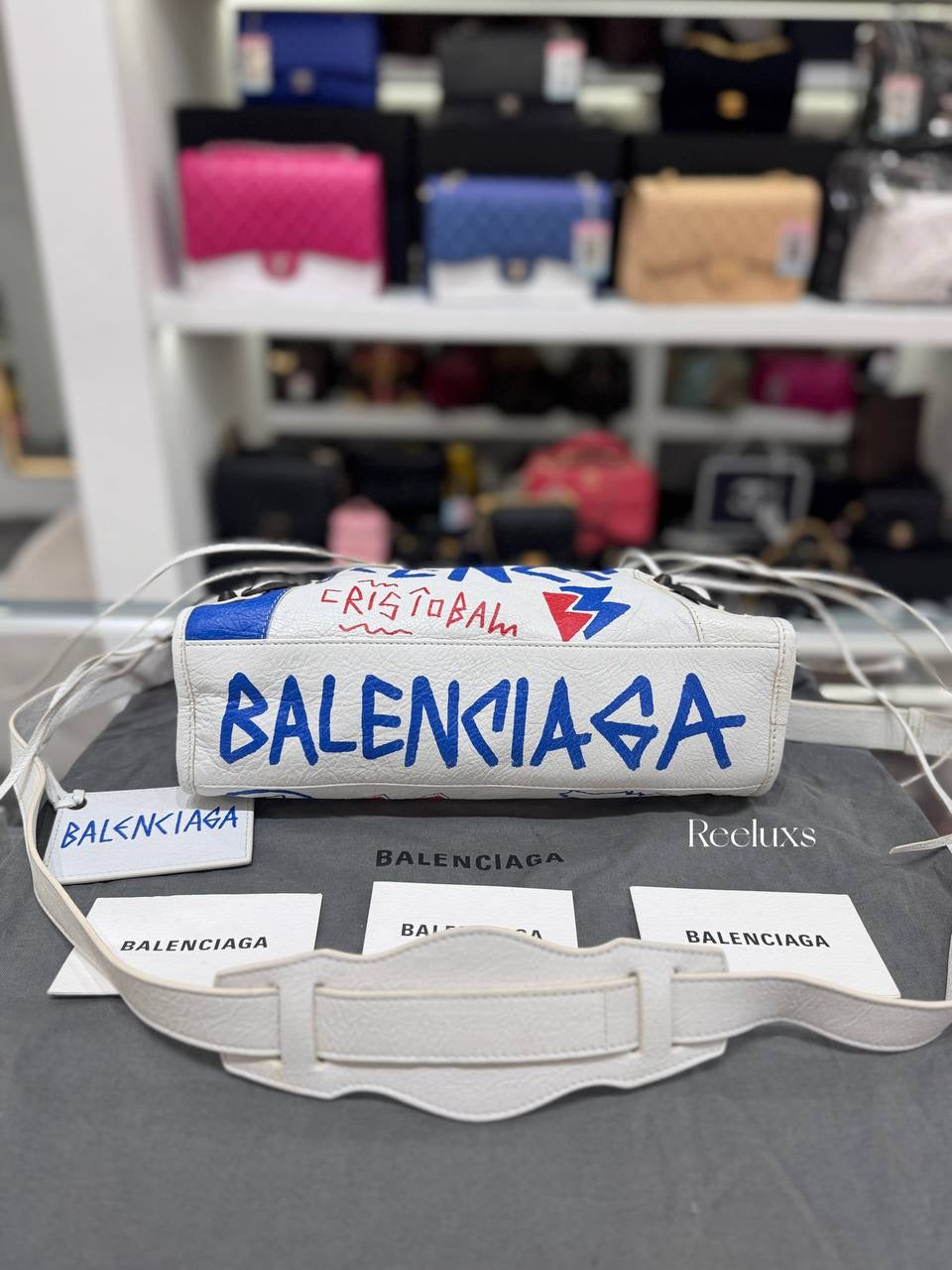 BALENCIAGA White Leather Graffiti City Handbag