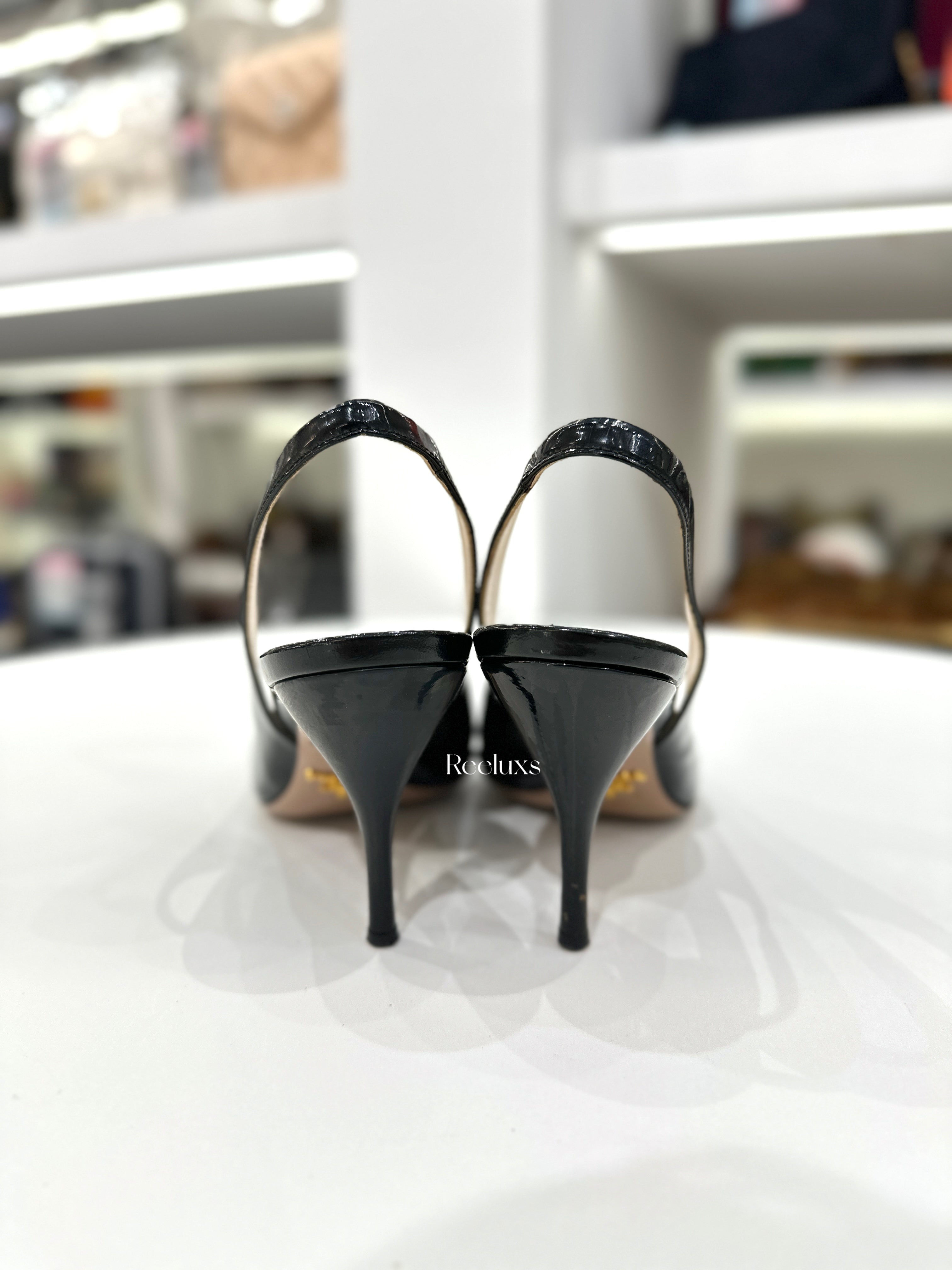 PRADA Black Patent Leather Peep-Toe Slingback Heels