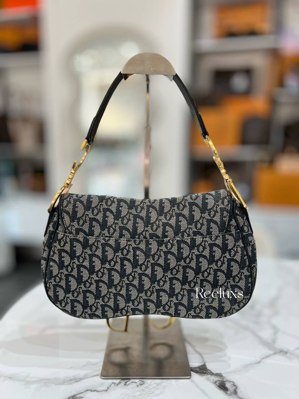 CHRISTIAN DIOR Double Saddle Bag Navy Oblique In GHW