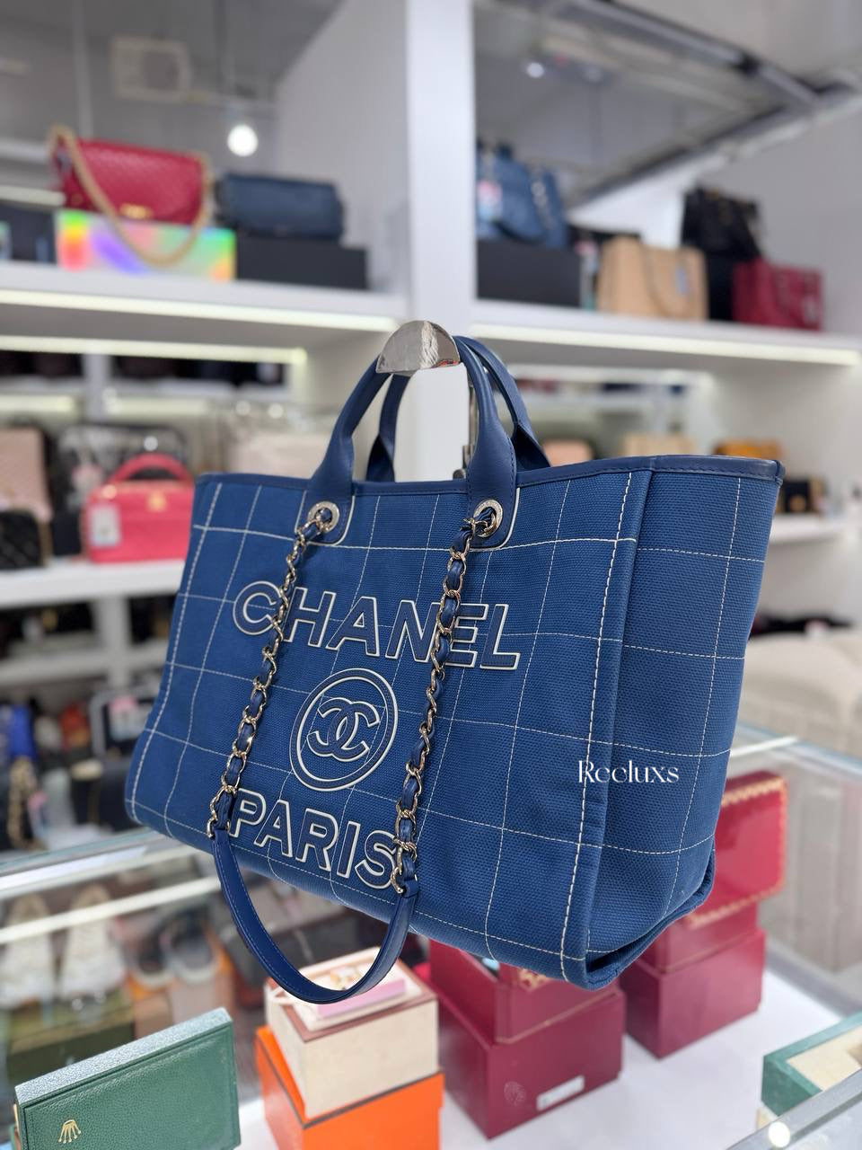 CHANEL Medium Blue Mixed Fibers Deauville Tote Bag
