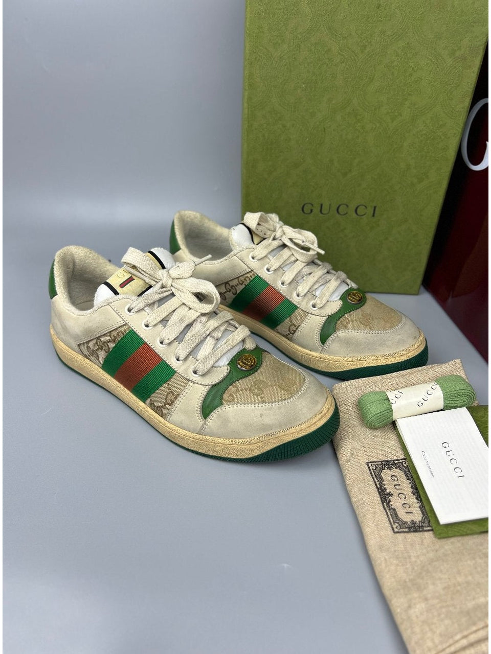 GUCCI  Beige and Green Men Sneaker Shoes For Unisex