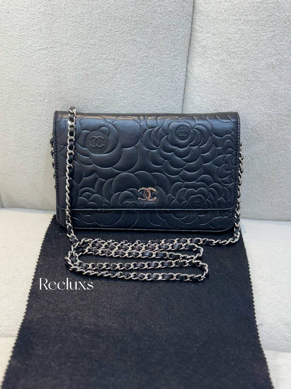 CHANEL Black Camellia Embossed Lambskin Leather Wallet On Chain - WOC