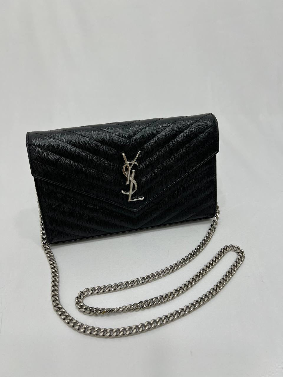 YVES SAINT LAURENT YSL Cassandre Matelasse Envelope SHW Wallet On Chain WOC In Black