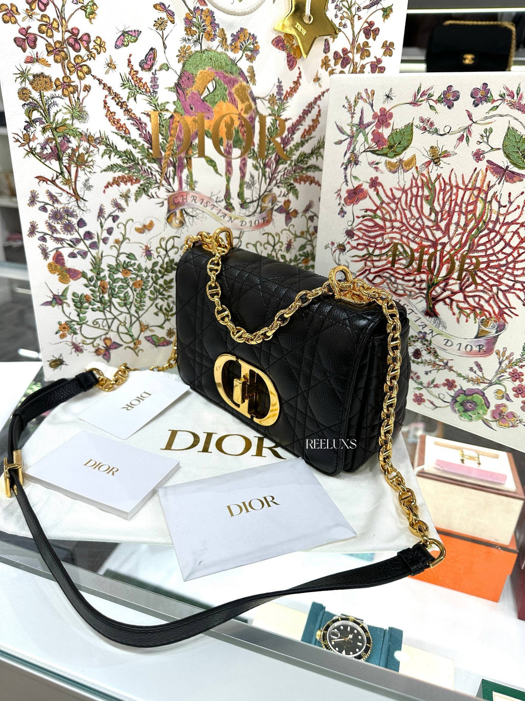 Christian Dior Black Supple Cannage Calfskin Caro Bag Full Set