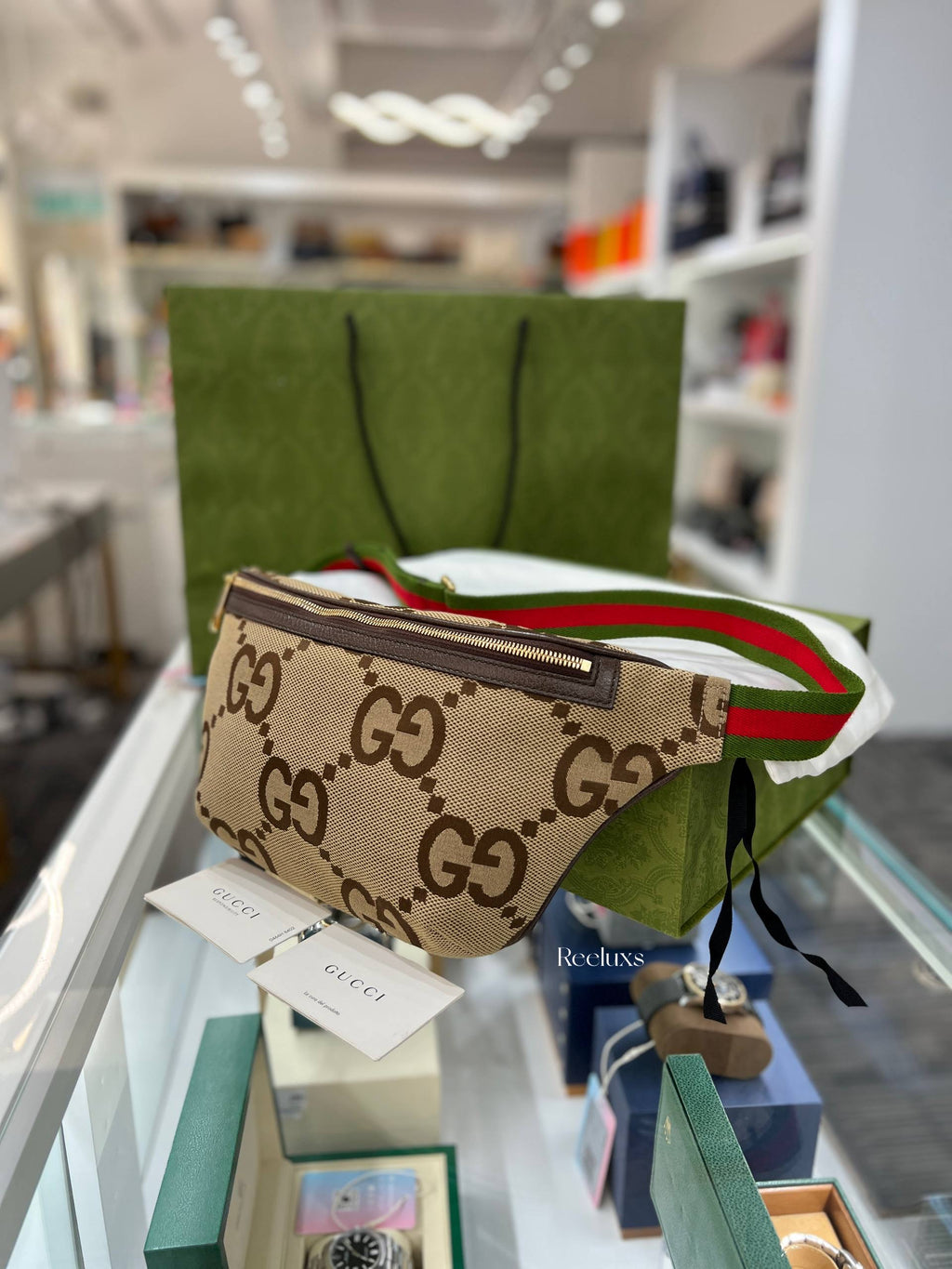 Full Set GUCCI Jumbo GG Belt Bag in Camel and Ebony Canvas