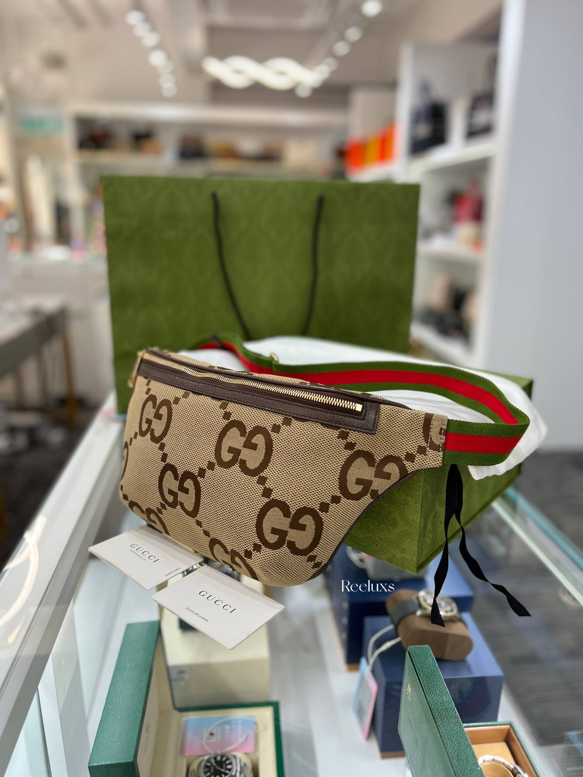 Full Set GUCCI Jumbo GG Belt Bag in Camel and Ebony Canvas