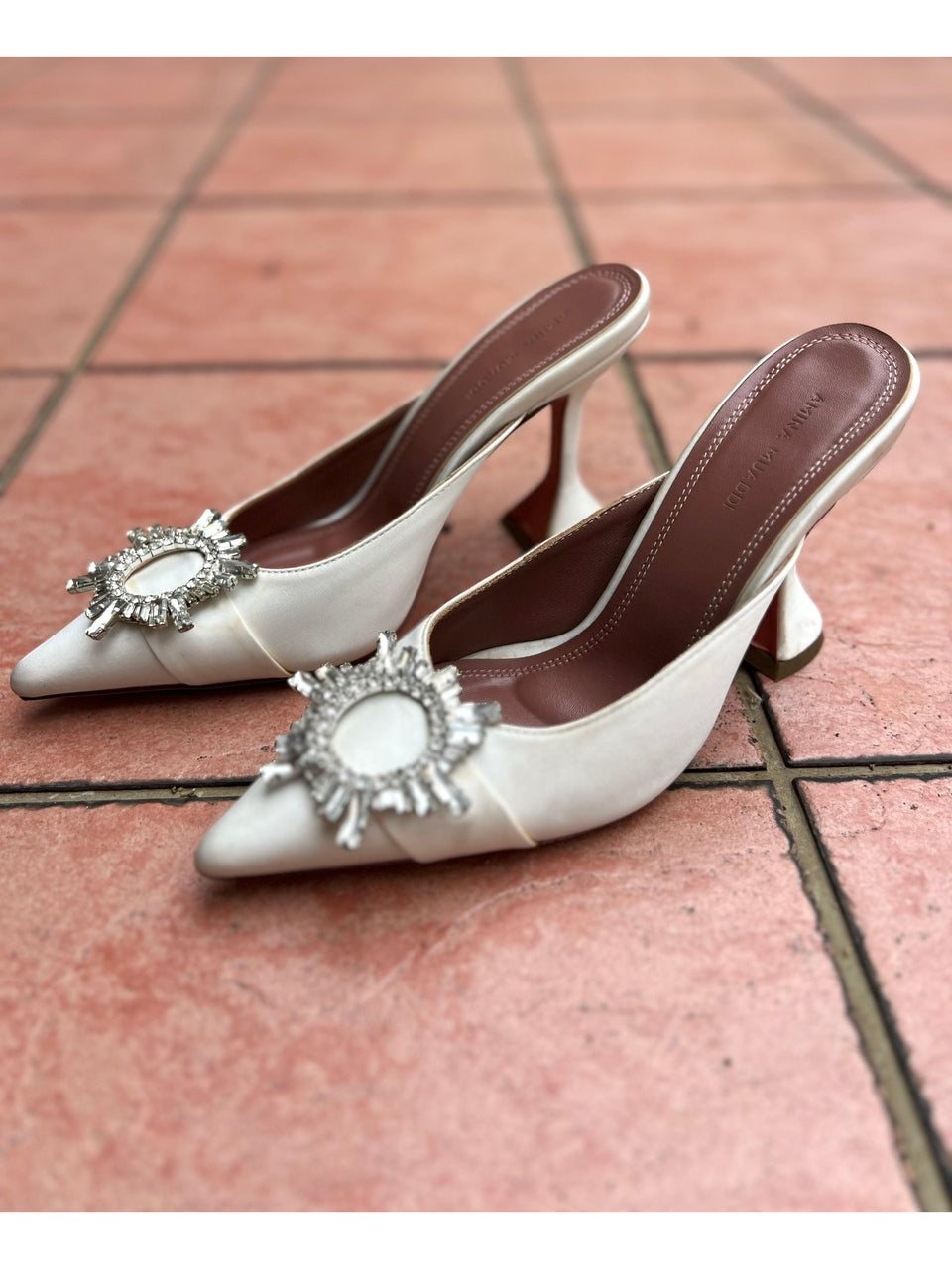 Amina Muaddi White Satin Begum Crystal Embellished Pointed Toe Pumps Size 37 - Reeluxs 