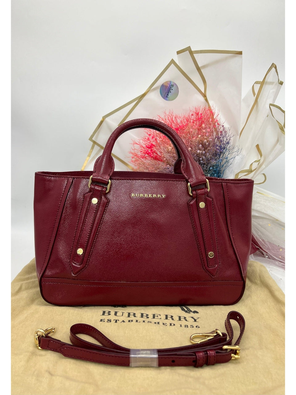 BURBERRY Red Patent Leather Somerford Convertible Tote - Reeluxs 